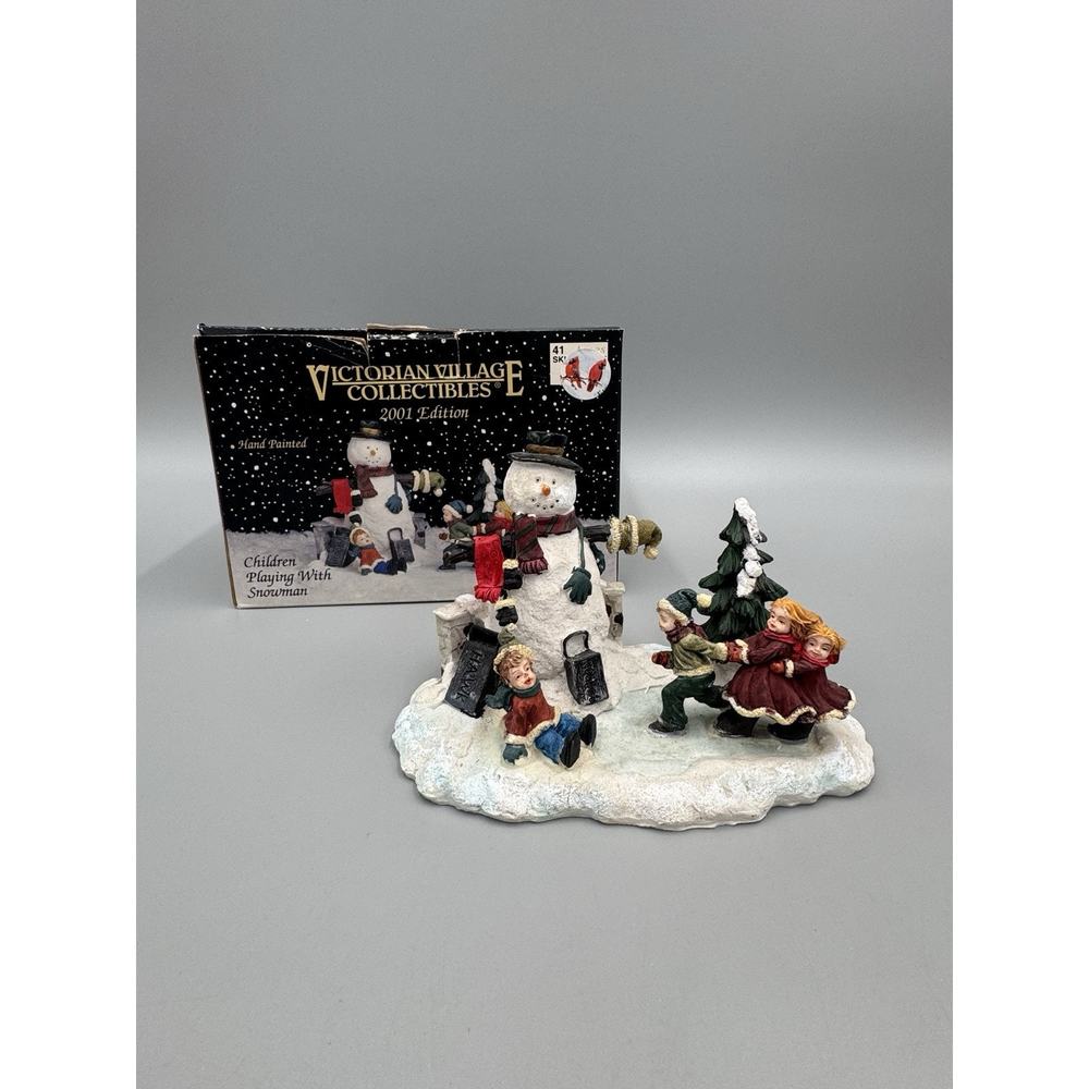 2001 Victorian Village Collectibles Children Playing w/ Snowman Figurine READ